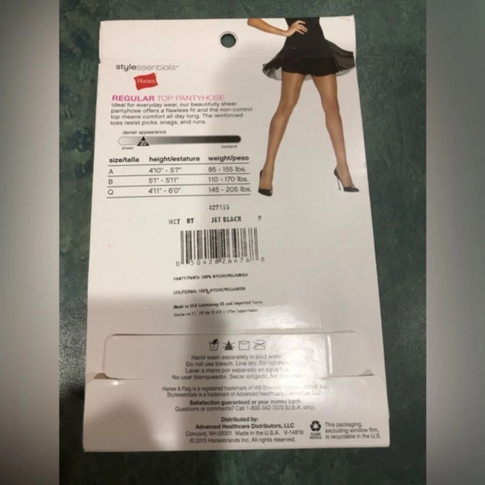 4pairs Hanes regular top sheer leg reinforced toe jet black pantyhose size B new